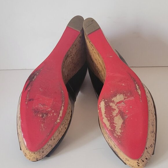 Christian Louboutin Black Patent Leather Peep Toe Cork Sole Platform Wedges - Picture 13 of 14